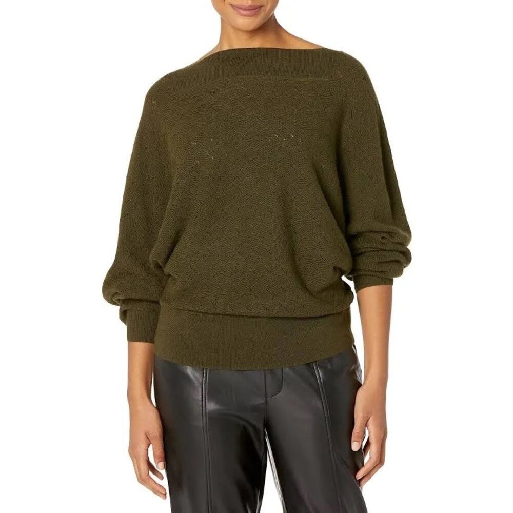 Trina Turk Halima Blouson Long Sleeve Open Knit Cypress Green Wool Sweater L NWT